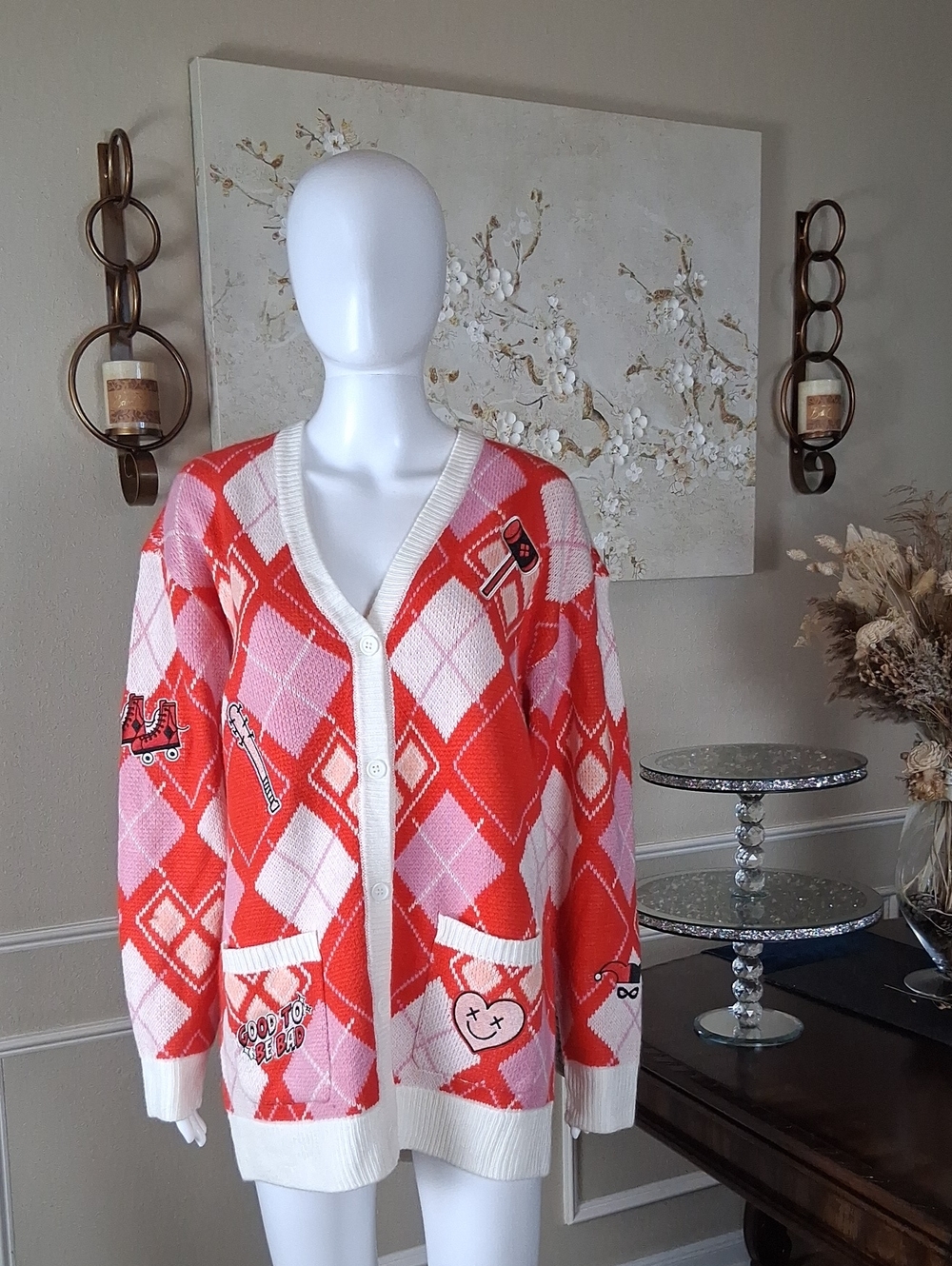 Women's Harley Quinn Diamond V-neck Long Sleeves Cardigan Sweater  Medium - Picture 11 of 16